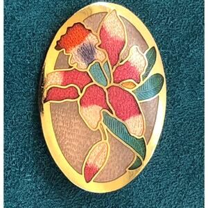 Vintage Cloisonné Enamel Pink Red Oval Floral Brooch Pin